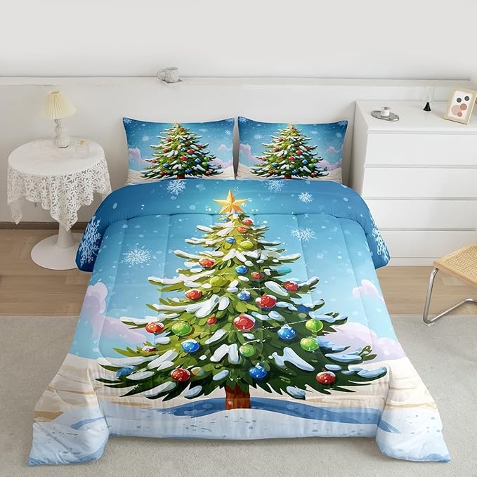 Feelyou Christmas Bedding Set Soft for Boys Girls, Xmas Tree Comforter Set Toddler Size Christmas Tree Ornaments Duvet Quilt Microfiber Winter Snowflake Bedroom Decor 2 Pcs with 1 Pillow Cases