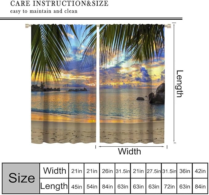 Ocean Beach Curtains,Sunset on Beach in The Evening Hawaiian Seaside Scene Pattern Blackout Print Home Bedroom Living Room Window Treatments 2 Panel Set 42x63 Inch