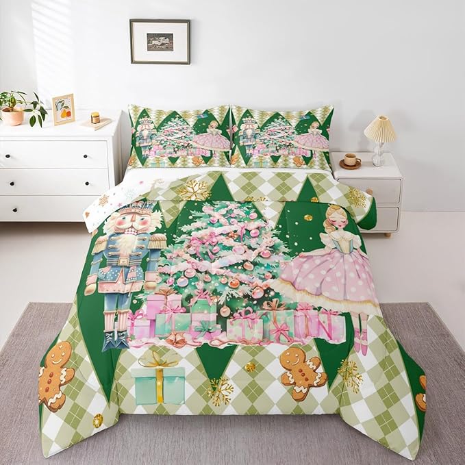 jejeloiu Christmas Nutcracker Comforter Set Twin Size Gingerbread Man Bedding Set for Kids Boys Girls Xmas Tree Duvet Quilt Green Bedroom Decor