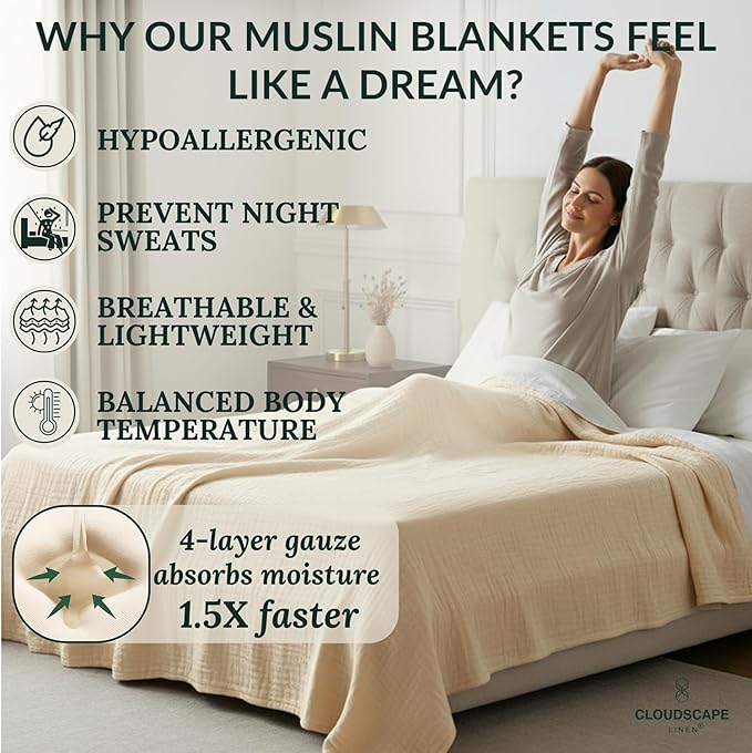 Cloud Scape Linen Oversized 4 Layer Muslin Blanket Queen Size - 100% Cotton, Lightweight & Breathable All Season Gauze, Pre-Washed, fits Full Bed, 92x92, Ivory