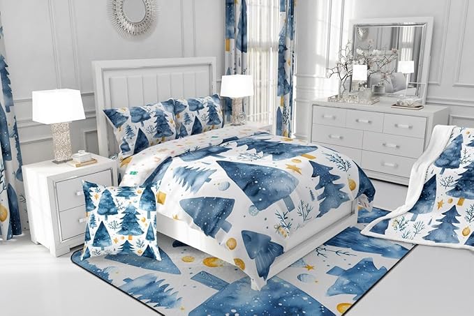 Feelyou Christmas Comforter Set All Season Xmas Tree Bedding Set with 1 Pillow Cases Watercolor Blue Microfiber Kids Toddler Bedclothes Snowflake Bedroom Decor Duvet Quilt Breathable Soft Lightweight