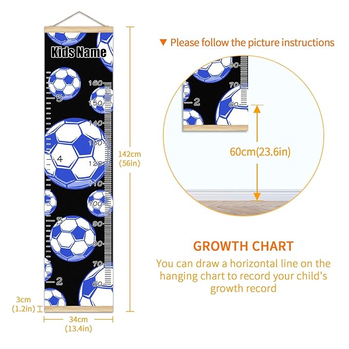Personalized Kids Name Growth Chart Ruler for Wall Wood Frame Height Measure Chart 13.4x56 in Linen Hanging Height Growth Chart Football Soccer Blue Kids Room Decor