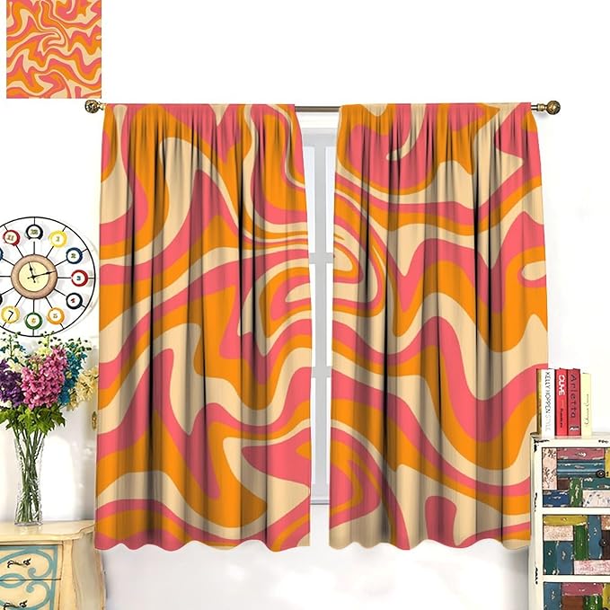 Abstract Wavy Swirl Curtains,60s 70s Groovy Aesthetic Retro Boho Orange Pink Abstract Curtains for Girls Bedroom Living Room Window 72"" W X 63"" L, Style-2