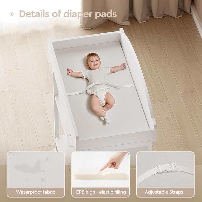 Changing Table Dresser, Baby Dresser with 3 Fabric Drawers and 2 Shelves, Multi-Functional Baby Changing Table with Pad, Classic Nursery Dresser, Diaper Changing Station for Nursery, White