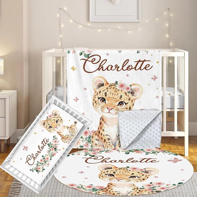 Custom Baby Crib Bedding Set, 3 Pcs Personalized Nursery Bedding Set with Name, Soft Baby Bedding Crib Sets with Blanket - Toddler Crib Sets for Girls Boys, Infant Newborn Gifts, Pink Leopard