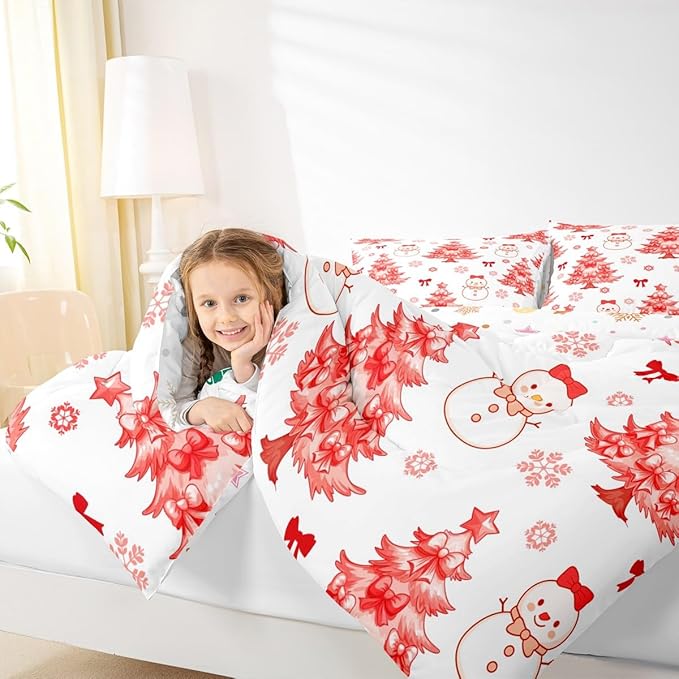 Feelyou Merry Christmas Comforter Set Queen Size Cute Snowman Bedding Set for Kids Boys Girls Cartoon Bowknot Duvet Quilt Christmas Tree Microfiber 3 Pcs with 2 Pillow Cases