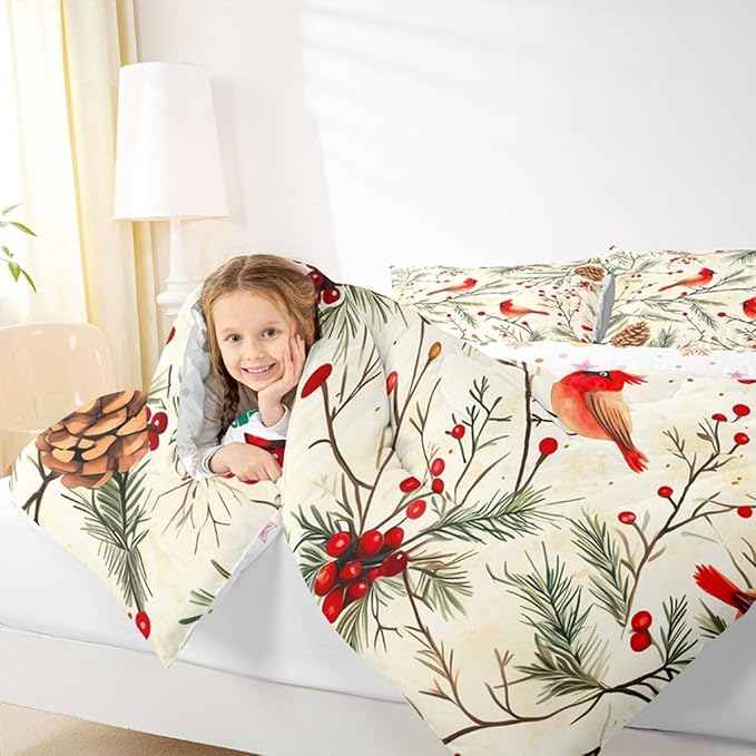 Feelyou Cardinal Bird Kids Comforter Set Toddler Size Pine Branch Bedding Set Red Berry Duvet Quilt for Kids Boys Girls Bedroom Pine Cone Decor Winter Christmas Pattern Ultra Soft Breathable