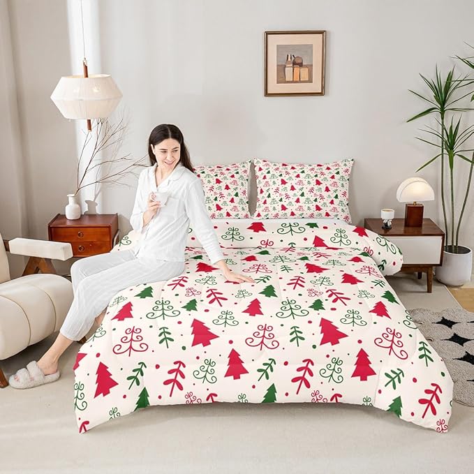 Castle Fairy Christmas Trees Comforter Set King Size,Red Green Pine Plant Hand Sketch Bedding Set All Season Quilt Set,Winter Xmas Natural Botanical Microfiber Polyester Down Comforter