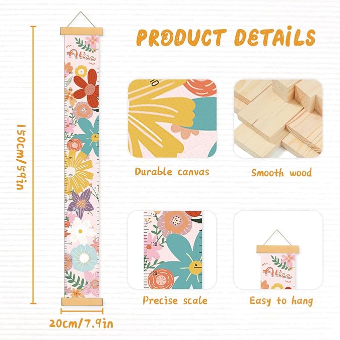 Personalized Name Growth Chart Wall Decor for Kids – Canvas Removable Height Chart Measuring Ruler 59" x 7.9" (Big Flower)