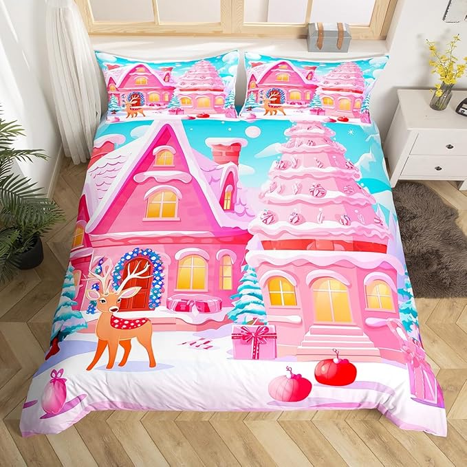 Feelyou Christmas Pink Comforter Cover Set Cute Deer Print Bedding Set King Size for Kids Boys Girls Bedroom Bed Decor Xmas Christmas Duvet Cover Soft Bedspread Cover,No Comforter