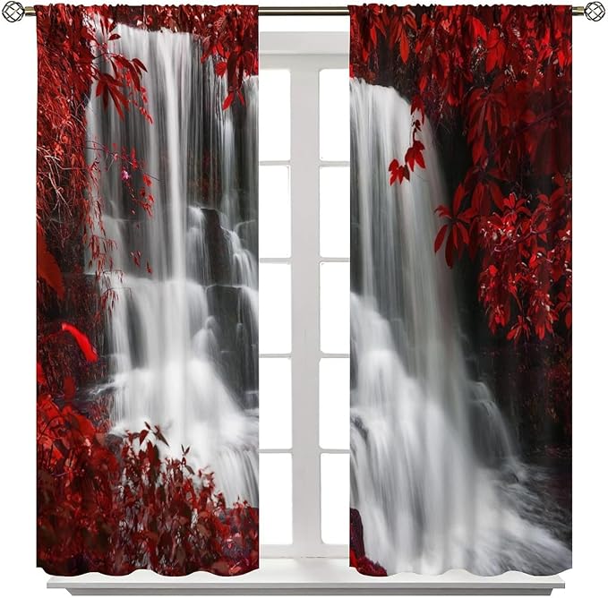 Red Forest Waterfall Blackout Windows Curtains, Waterfall Red Forest Black and Red Natural Landscape Print Window, for Living Room Bedroom 42x45in 2 Panels
