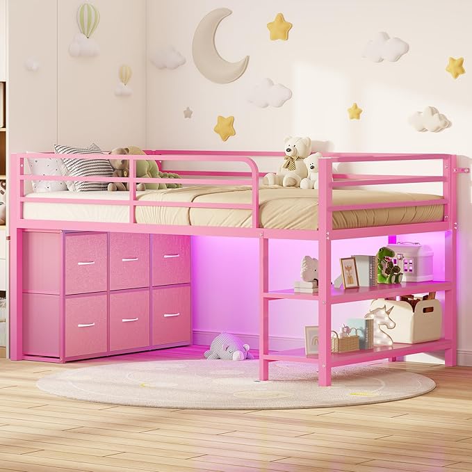BTHFST Low Loft Bed Twin Size with 6 Storage Drawers, LED Lights, 2 Tier Storage Shelves, Kids Metal Loft Bed with 15" H Stairs & Safety Guardrail, Spave Saving, Pink
