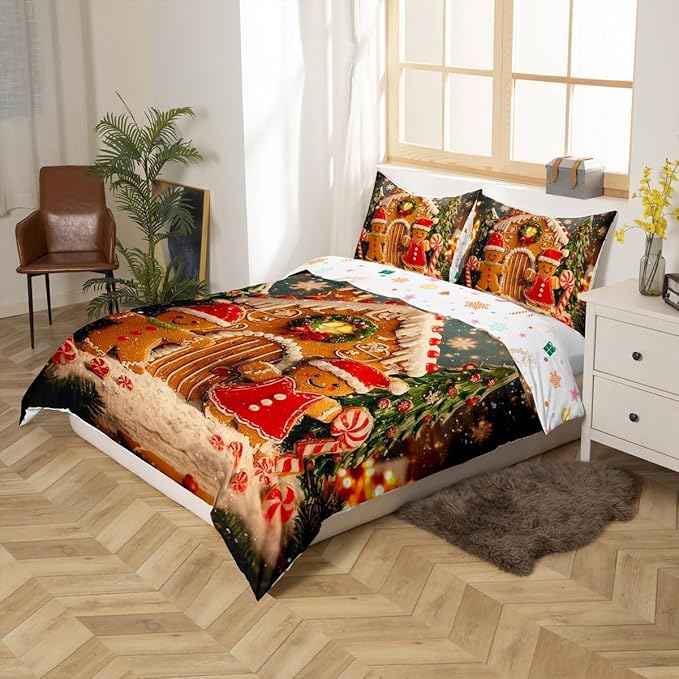 Feelyou Cute Gingerbread Man Duvet Cover Queen Size Cartoon Christmas Bedding Set for Boys Girls New Year Holiday Comforter Cover Reversible Xmas Decor Bedroom Decor 3Pcs