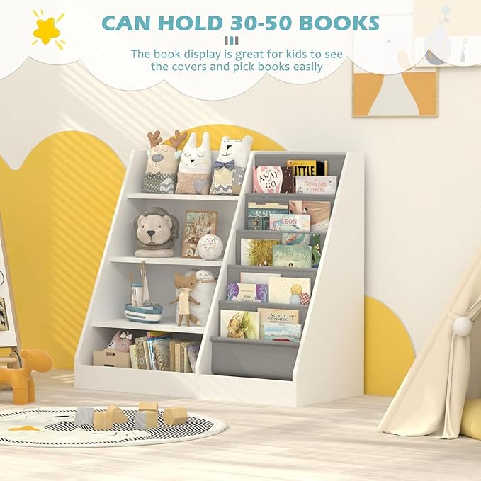 NACHES Montessori Kids Bookshelf Fabric Sling Pockets & Open Shelves – Front Facing Toddler Book Display and Toy Storage Organizer for Nursery Playroom or Bedroom 35" Wide (White, Middle)