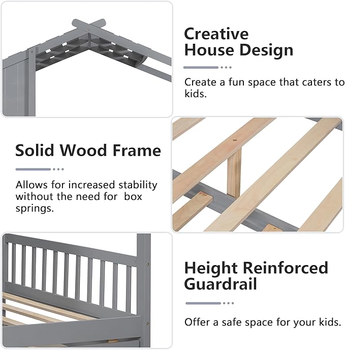Twin Bed Frames for Kids, House Bed with Trundle and Shelves, Wood Playhouse Platform Bed Frame with Window and Fence for Boys Girls, Gray, 74.4" L x 42.7" W x 72" H