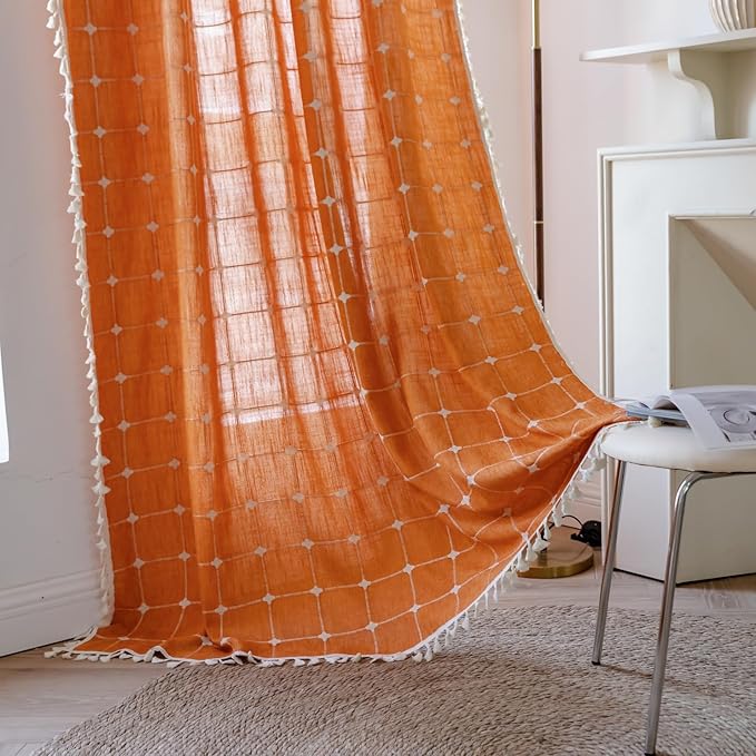 Deeprove Boho Curtains 96 Inches Long for Bedroom Living Room, Cotton Linen Plaids Textured Semi Blackout Bohemian Farmhouse Fall Window Treatment Grids Drape Tassels, 1 Panel W52 x 96, Burnt Orange