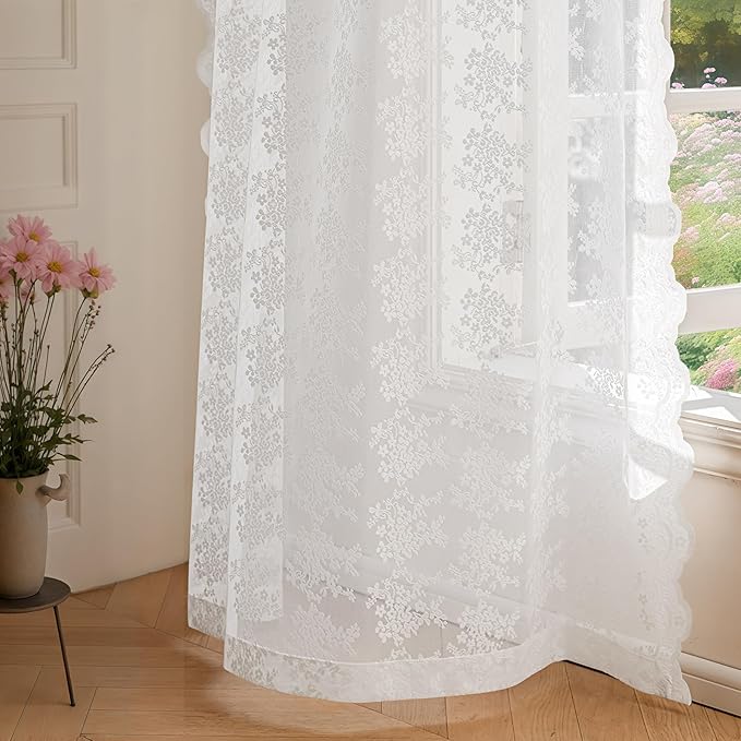 Anmao Vintage Lace Curtains 96 Inches Long 2 Panels Set, Romantic Elegant Light Filtering Semi Sheer Floral Thick Lacy Curtain Drapes for Living Room and Bedroom, Each Panel 55W x 96L, Bright White