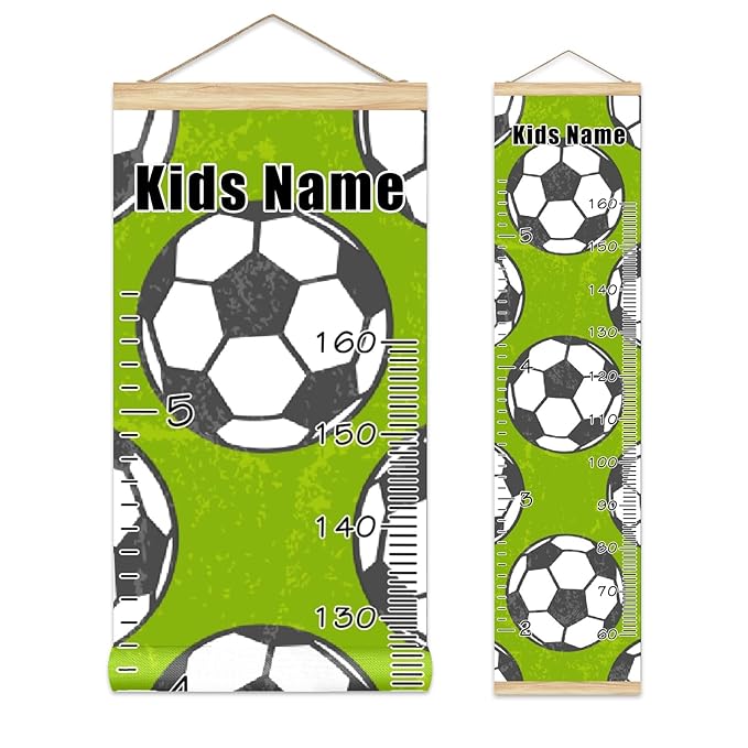 Personalized Kids Name Growth Chart Ruler for Wall Wood Frame Height Measure Chart 13.4x56 in Linen Hanging Height Growth Chart Football Soccer Green Kids Room Decor