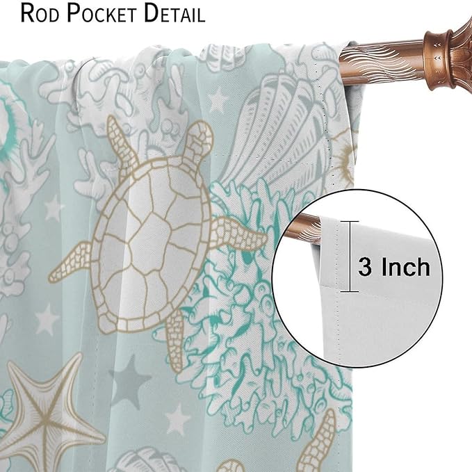 Nautical Curtains,Seagorses Coral Starfish Reef Seashell Beach Sea Seashell Pattern Blackout Print Home Bedroom Living Room Window Treatmen 2 Panel Set 63x72 Inch