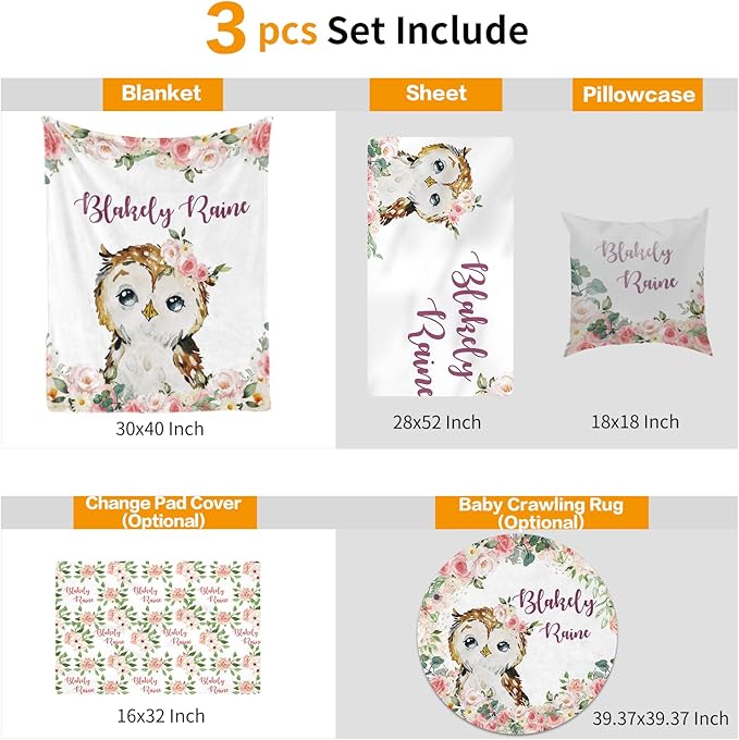 Custom Crib Bedding Set - Owl Design Personalized Name Baby Nursery Bedding 3 Pcs Set - Chic Soft Blanket, Sheet, Pillowcase for Newborns Boys Girls Gifts Color12