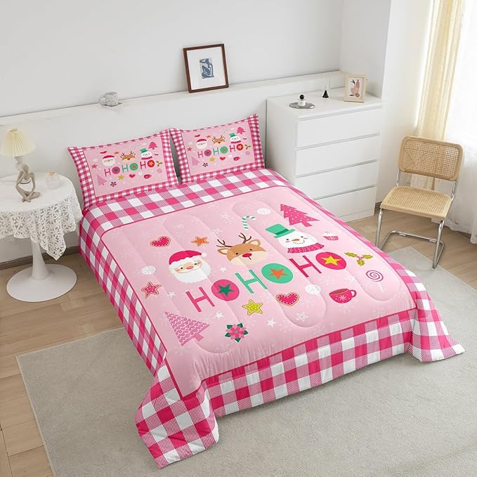 Merry Christmas Kids Comforter Set King Size,Cartoon Santa Claus Snowman Deer Bedding Set,Boys Girls Adults Room Decor,Geometric Grids Fashion Down Comforter,Pink Xmas Duvet Insert,2 Pillowcases
