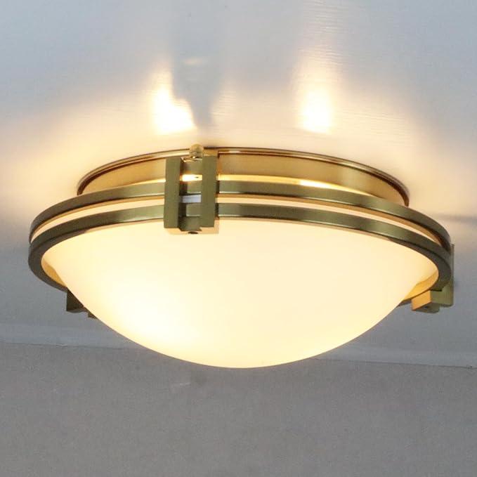 Modern Gold Flush Mount Ceiling Light 12 Inches Milk Glass Ceiling Light Fixture 2-Light Mid Century Brass Flush Mount Light for Bedroom Hallway Kitchen