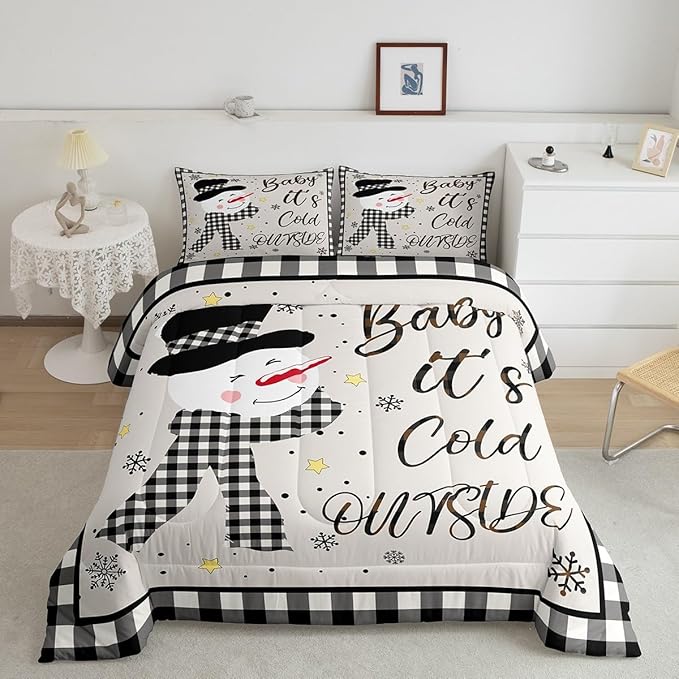 Kids Christmas Snowman Comforter Set King Size,Snowflake Winter Bedding,Girls Boys Adults Bedroom/Xmas Cabin Decor,Geometric Grids Lattice Down Comforter,Rustic Vintage Duvet Insert,2 Pillowcases