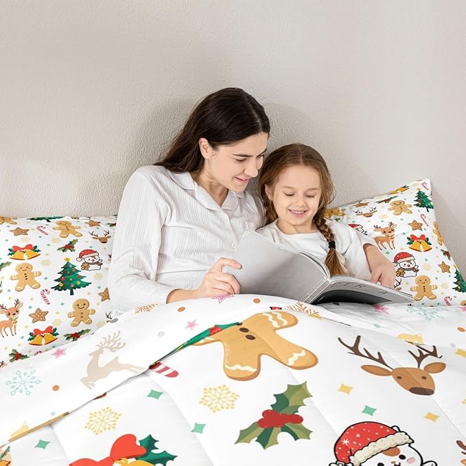 Feelyou Merry Christmas Comforter Set All Season Gingerbread Man Bedding Set with 2 Pillow Cases Cute Deer Microfiber Kids Full Bedclothes Christmas Tree Duvet Quilt Breathable Soft Lightweight