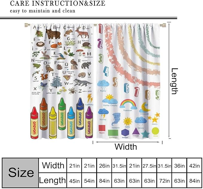 Kids Alphabet Curtain, Funny Cartoon Animal Rainbow Learning, Educational Boys Girls Children Printed Rod Pocket Blackout Window Treatments for Bedroom Living Room Nursery 42" W X 45" L