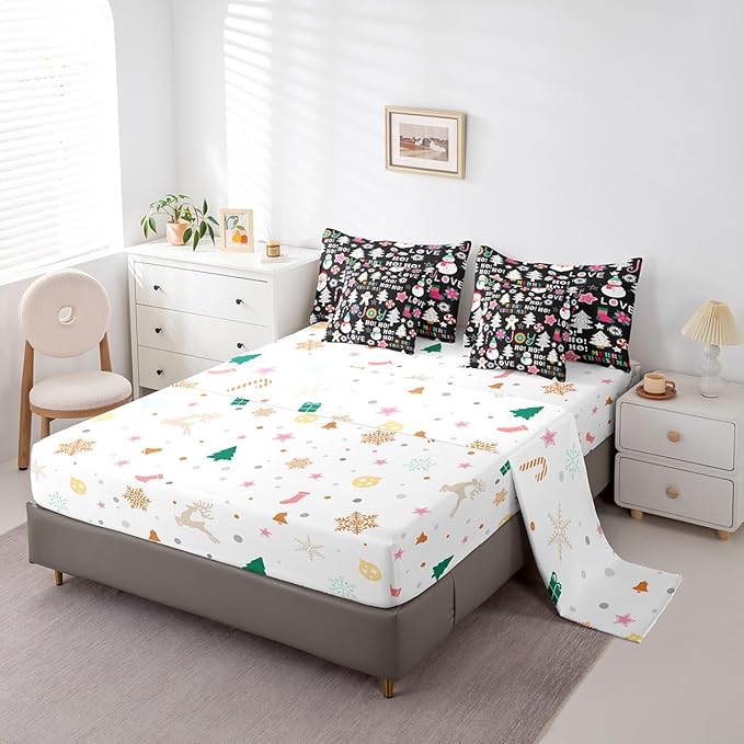 Christmas Kids Bedding Set Cartoon Snowman Gingerbread Man Comforter Set with Sheets for Boys Girls Christmas Tree Decor Bed in a Bag Pink Xmas Theme Black Bed Set 7Pcs Full Size