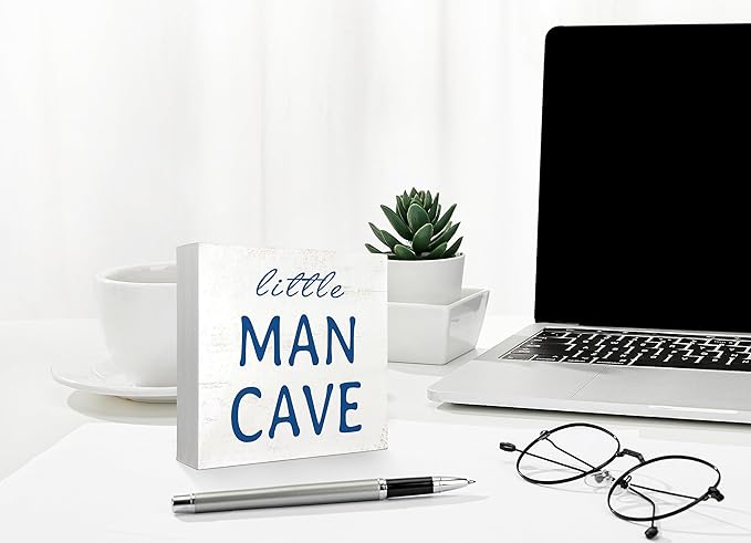 Mtrgdn Baby Boy Nursery Decor,Kids Room Decor,Little Man Cave Wooden Box Sign for Boy Baby Nursery Room Shelf Table Desk Decorations,5x5 Inch