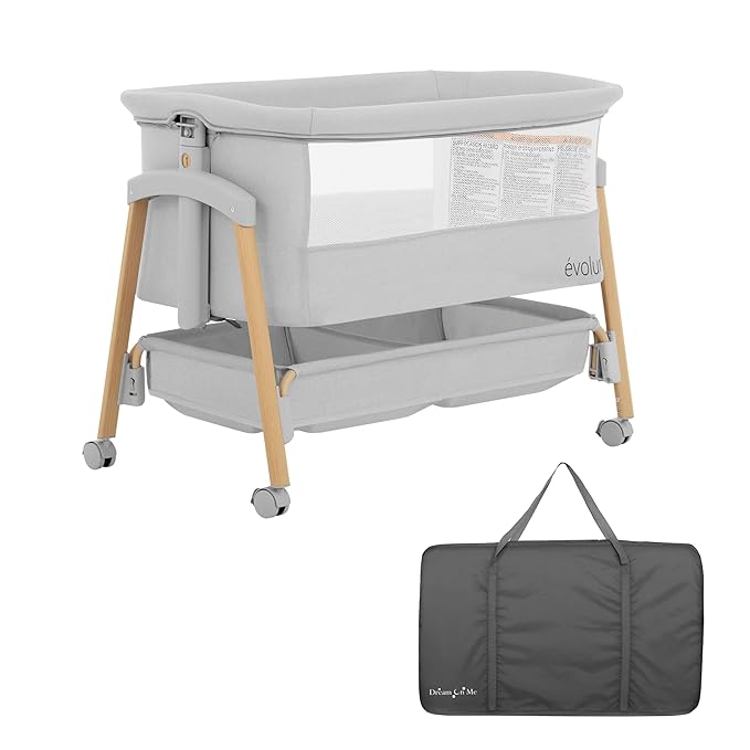évolur Lullaby Portable Bassinet with Wheels, Adjustable Bedside Sleeper, Breathable Mesh Sides, Large Storage Basket, Easy Fold, and Travel Bag Included, Perfect for Newborns & Infants - Light Gray