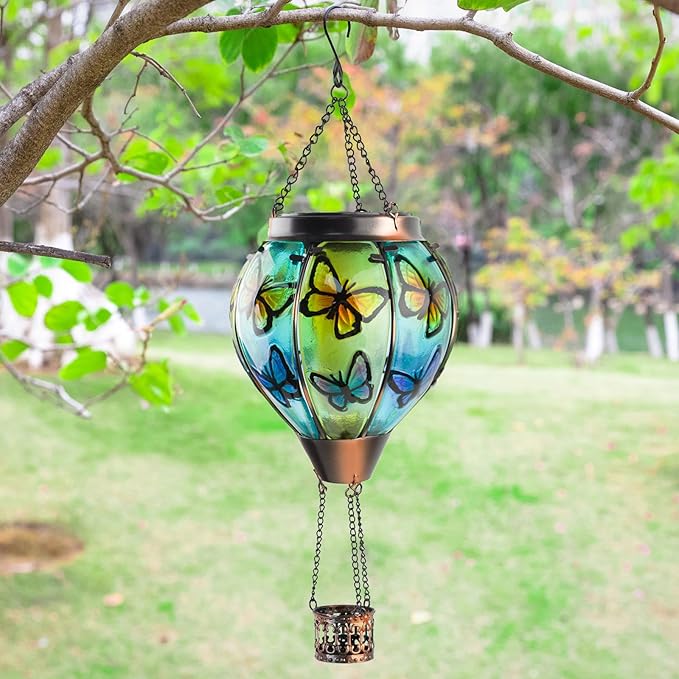 Larekook Butterfly Solar Hot Air Balloon Lantern with Flickering Flame,Glass Hot Air Balloon Solar Lanterns Outdoor Waterproof Hanging Light for Patio Porch Yard Garden Decor,Birthday Gifts for Women