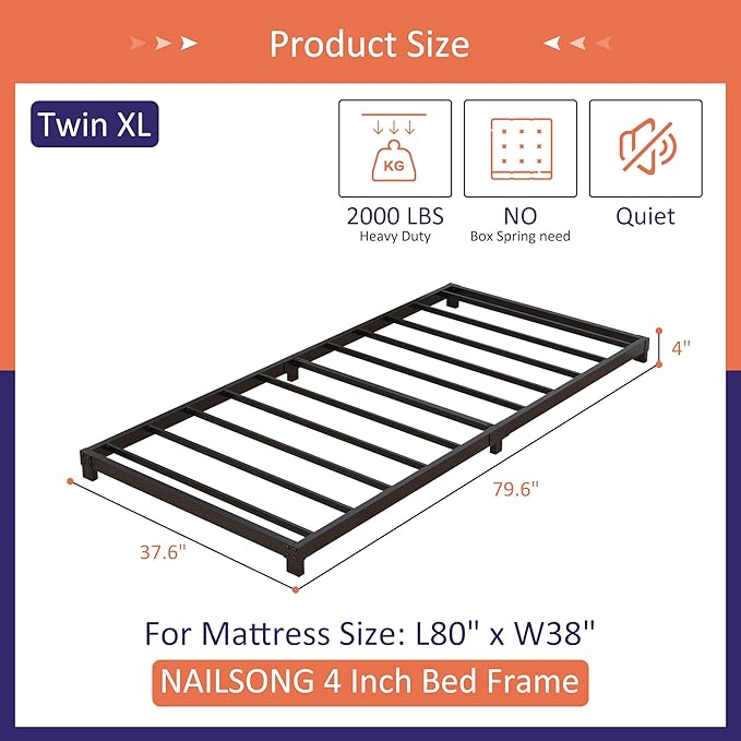 4 Inch Twin XL Bed Frames Low Profile, XL Twin Bed Frame No Box Spring Needed, Heavy Duty Metal, Easy Assembly, Black