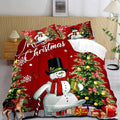 LUVIVIHOME 3PCS Merry Christmas Comforter Set Full Size, Boys Girls Kids Bedding, Cartoon Funny Cute Snowman Deer Elk Cardinal Snowflake Xmas Tree Christmas Bedroom Decor, Red Quilt, 2 Pillow Shams