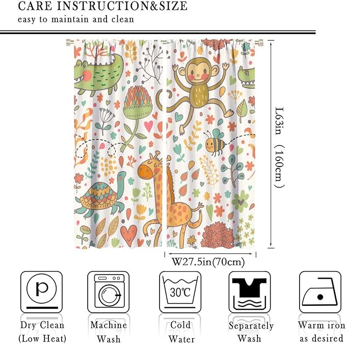 Cute Monkeys Curtains, Zoo Theme Cartoon Funny Animals Crocodile Giraffe Turtle with Flowers Print Thermal Insulation Window Drapes for Kids Boys Girls Baby Bedroom Living Room 55x63in