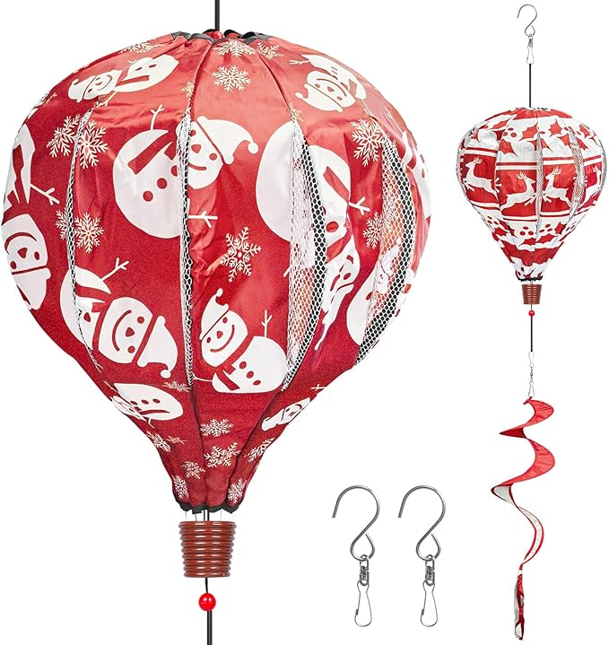2PCS Giant Christmas Snowman Reindeer Hot Air Balloon Wind Spinners 14" W x 59" H Large Red&White Whirligig Wind Spinner Hanging Ornaments for Yard Garden Lawn Outdoor Decorations