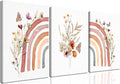 AKWISH Boho Rainbow Wall Art for Girls Room - Set of 3 Framed Wildflower Canvas Prints for Nursery, Baby Girl Room, Kids or Dorm Decor - Soft Pastel Botanical Bohemian Wall Decor 16x24in