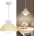 Pendant Light Kitchen Island - 11.8" Rattan Dining Room Light Fixtures over Table Hand-Woven Boho Pendant Light Fixtures with Milk Glass Globe, Adjustable Hanging Light for Bedroom Entryway Foyer