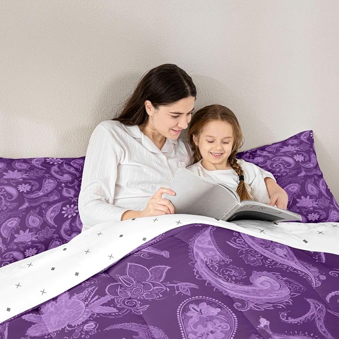 Feelyou Vintage Purple Floral Bedding Set Twin Size, Paisley Floral Comforter Set Boho Floral Comforter for Kids Toddler Paisley Duvet Set Microfiber Bed Set