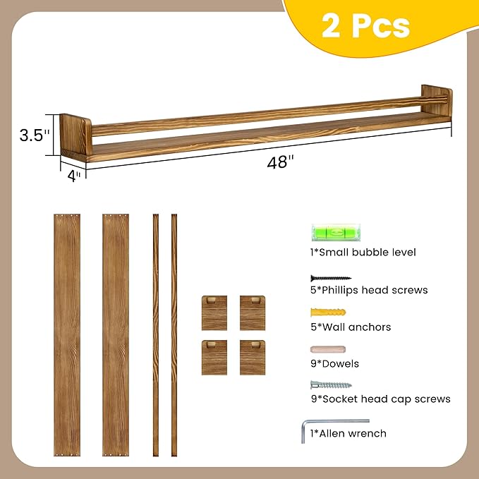 Fun Memories Nursery Book Shelves - Rustic Natural Solid Wood Floating Bookshelf for Kids - Wall Book Shelves for Kids Room (Carbonized, 48inch - 2P)