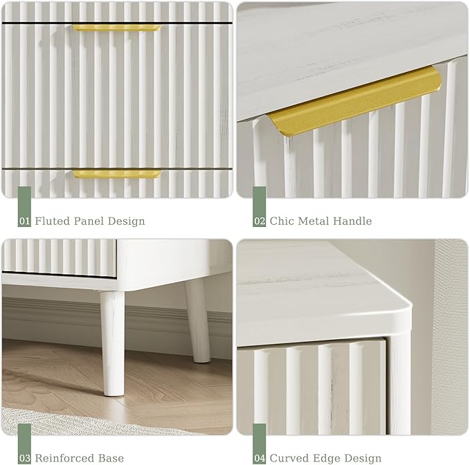 LYNSOM Fluted Dresser and Nightstand Sets 2 Piece, 2-Drawer Nightstands and 7-Drawers Dresser, Wood Bedroom Furniture Set for Home, Bedroom, Hallway, White