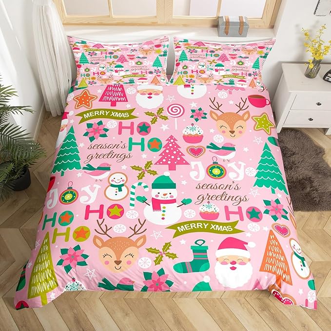 Feelyou Kids Pink Merry Christmas Bedding Set Queen Merry Christmas Tree and Snowman Duvet Cover for Bedroom Decor Xmas Comforter Cover Set Snowflake Holiday Bedspread Cover with 2 Pillow Case
