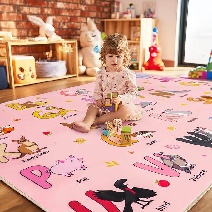 Kids Rugs for Playroom, 7x9 Feet Educational Rug for Learn The ABC Alphabet, Soft Machine Washable Non-Slip Cute Cartoon Animals Carpet for Classroom Toddler Nursery Kids Room Decor, Pink