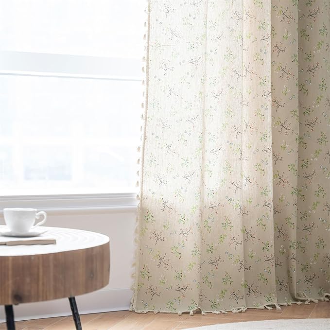ENJOYBRIDAL Floral Boho Curtains 4 Panels Short 63 Inch Curtains Patterned Semi Sheer Living Room Drapes Farmhouse Bohemian Window Curtain Panels with Tassel Beige Rod Pocket Bedroom Drapes
