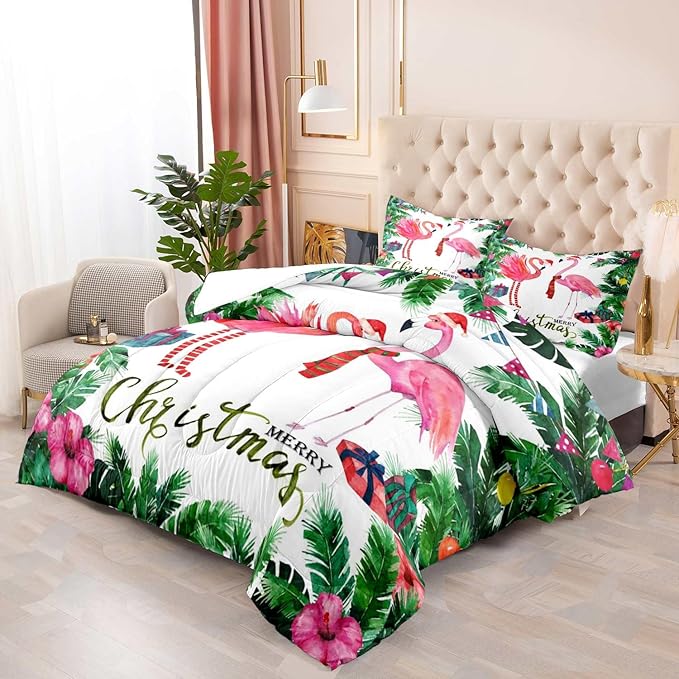 LUVIVIHOME 2PCS Merry Christmas Comforter Set Twin Size, Pink Flamingo Bedding, Teens Girls Boys Kids Bedding, Tropical Green Plant Botanical Hibiscus Flower White Quilt, Xmas Gifts, 1 Pillow Case