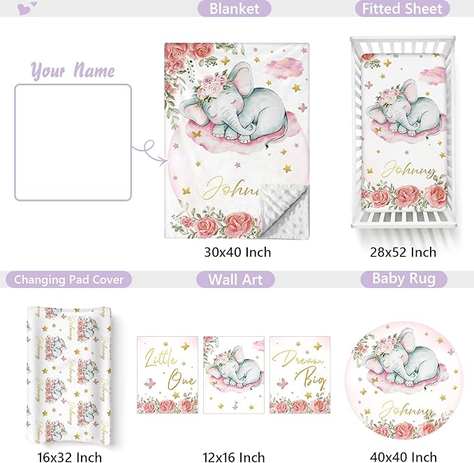Personalized Baby Crib Bedding Set, 5 Pcs Custom Name Nursery Bedding Set for Girls Boys, Pink Elephant Baby Crib Set for Toddlers Infants, Double Layer Bedding Crib Sets Customized Gifts