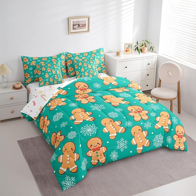 Erosebridal Christmas Gingerbread Twin Bedding Set 7 Piece,Cute Gingerbread Man Bed in A Bag for Kids,Xmas Snowflake Comforter Set Kawaii Xmas Sheet Set with Comforter,Green Christmas Decoration