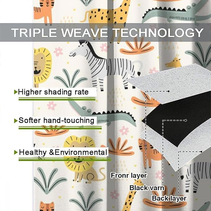 Wild Animals Curtains, Cute Cartoon Animals Zoo with Lion Zebra Crocodile Cat and Giraffe Tropical Jungle Plant Print Window Treatments for Kids Boys Girls Bedroom Living Room 84x84in