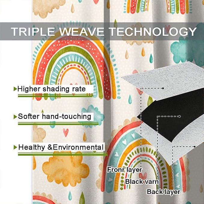 Boho Rainbow Curtains for Kids Nursery Colorful Floral Sun Star Clouds Pastel Bohemian Pattern Print Window Drapes for Girl Bedroom Living Room Kitchen Decor,2 Panel Set,42Wx45H Inch Blackout